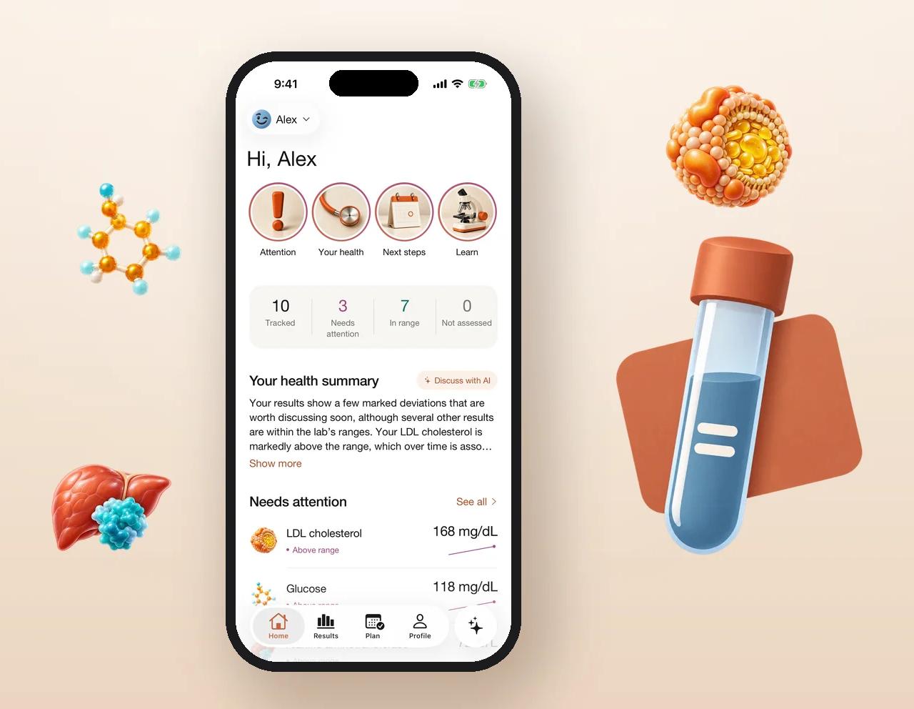 The Labis app on an iPhone showing 10 tracked results, 3 needing attention and 7 in range, next to a 3D test tube and icons for LDL cholesterol, glucose and the liver
